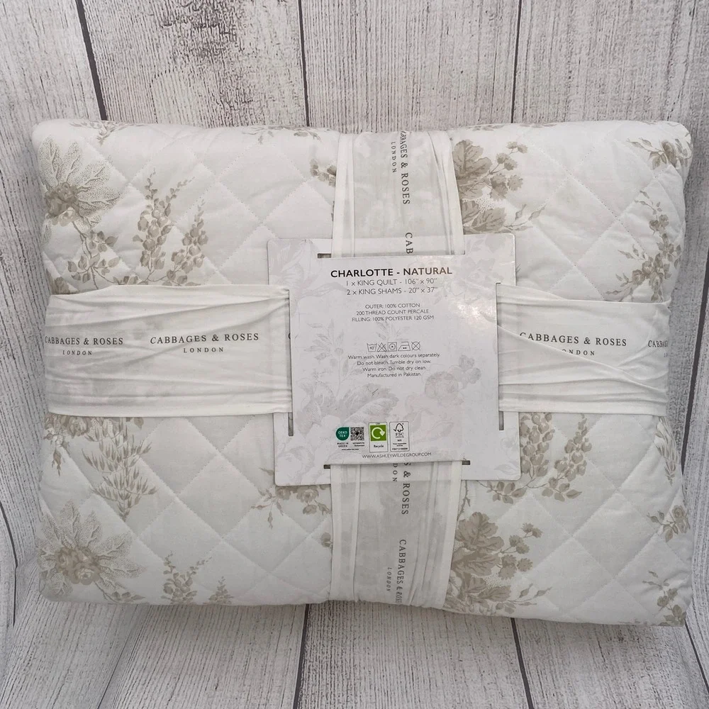 Cabbages & Roses Charlotte Quilt Set King White Natural Floral Cotton Percale